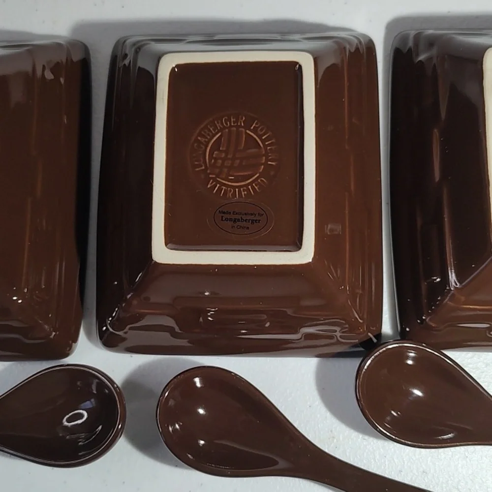 Longaberger Vitrified Pottery Set Of 3 Tasting Bowls  With Spoons In Chocolate